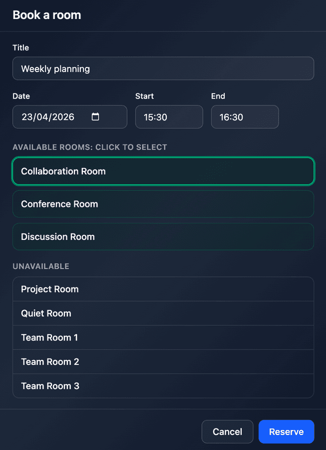 TOMMY booking flow: pick a time slot and book an available meeting room in one click