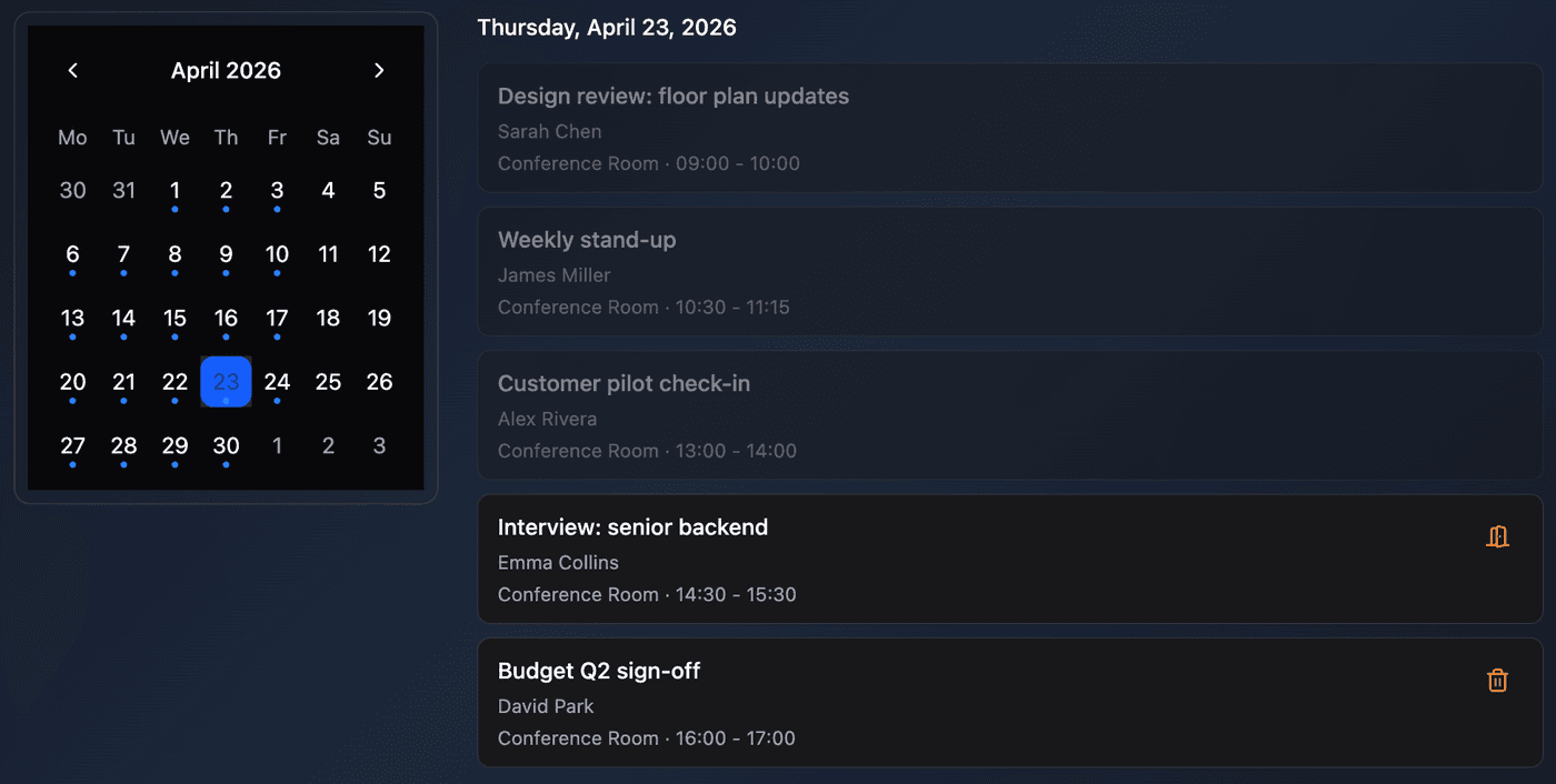 Room calendar with reservations and live occupancy status overlaid