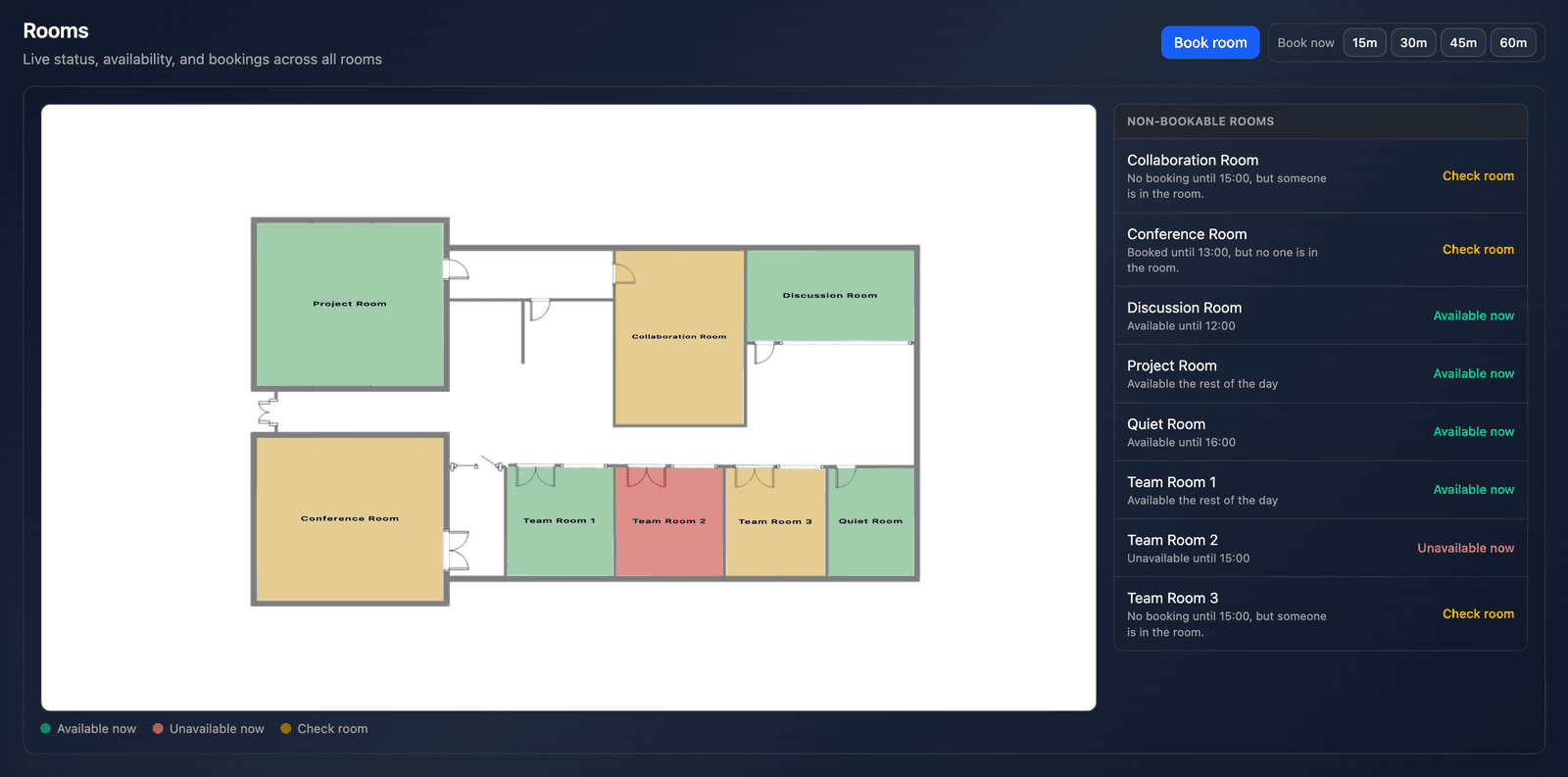 TOMMY office overview showing live room availability on a floor plan